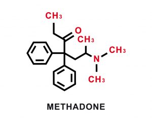 Methadone chemical formula. Methadone chemical molecular structure. Vector illustration