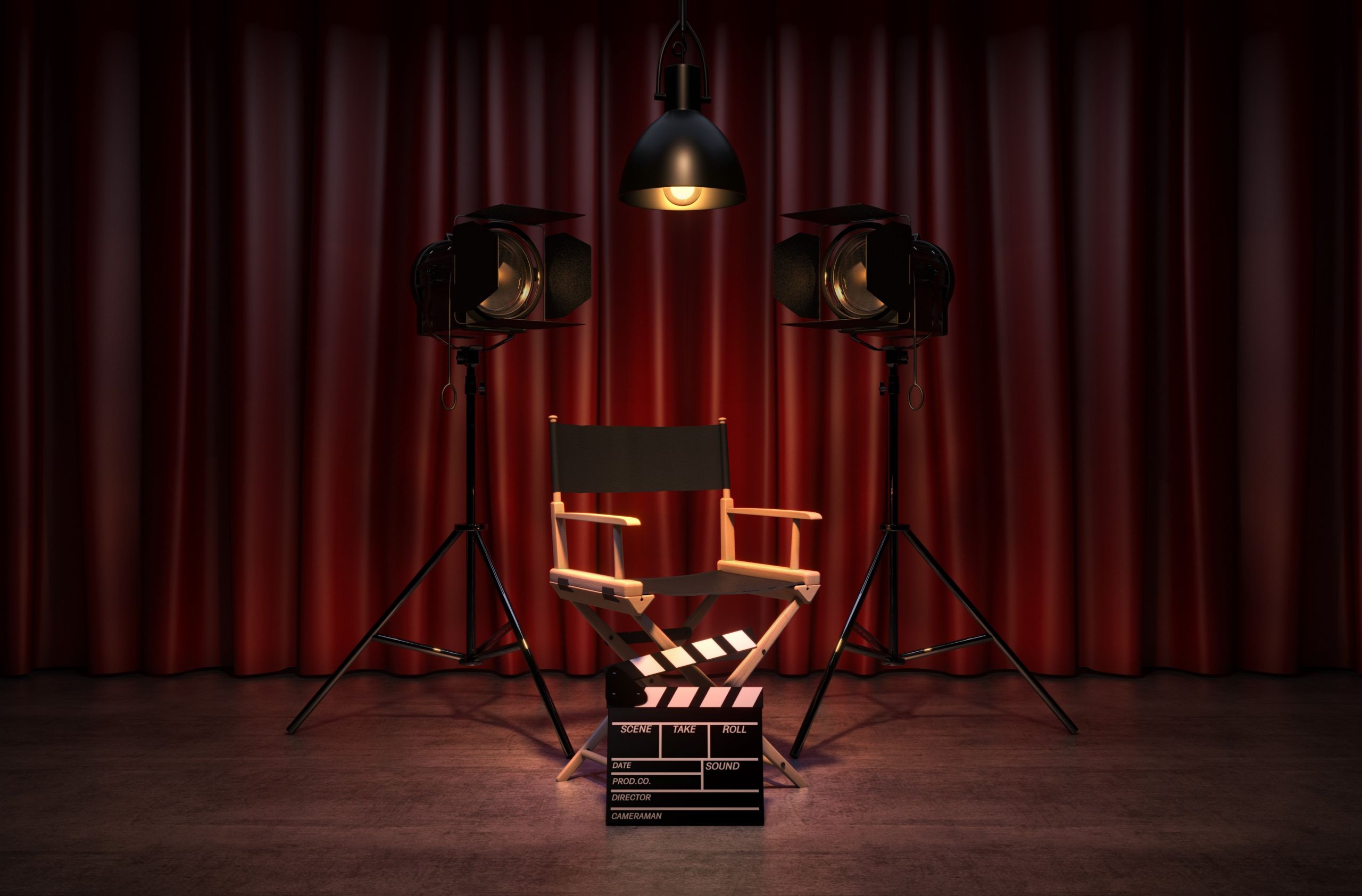 cinema chair in front of red curtain